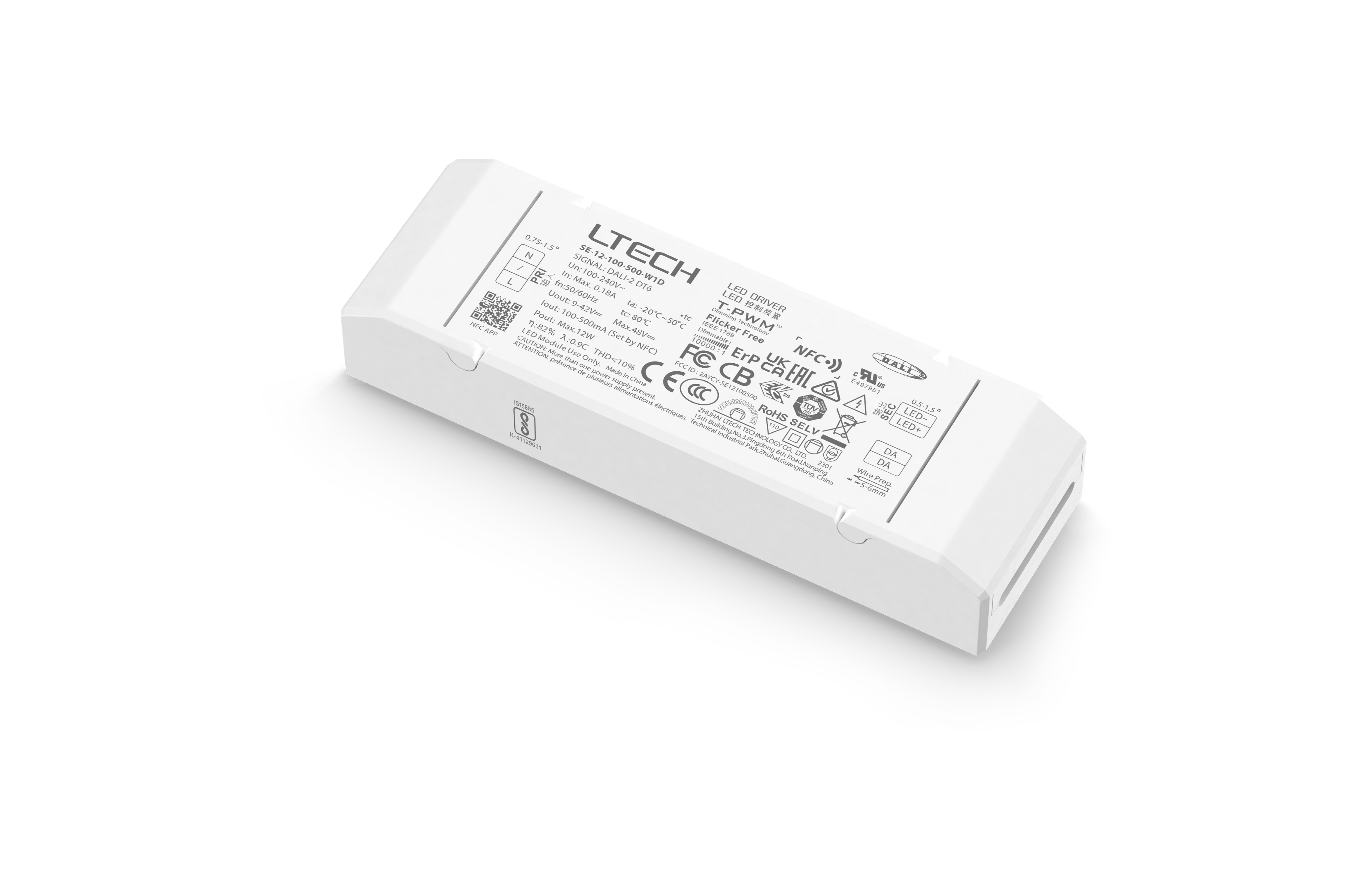 SE-12-100-500-W1D  Intelligent LED Driver, NFC DALI  0-100% Dim, PWM Digital Dim,DALI DT6   , CC 12W 100-500mA 9-42Vdc  Out put Range.0.9-12W , IP20, 5yrs Warrenty.